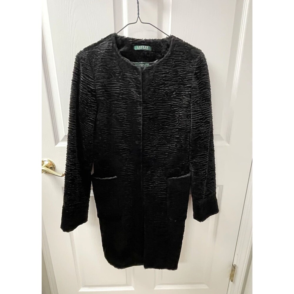 Lauren Ralph Lauren Black Faux Fur Dress Coat Texture Pockets Women's Size Small